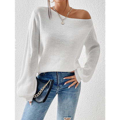 Diagonal Collar Strapless Sexy Sweater Autumn Winter Solid Color Loose Lazy Women Sweater