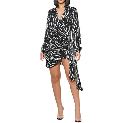 Women Clothing Zebra Print Printed Short V-neck Lace-up Waist Irregular Asymmetric Dress