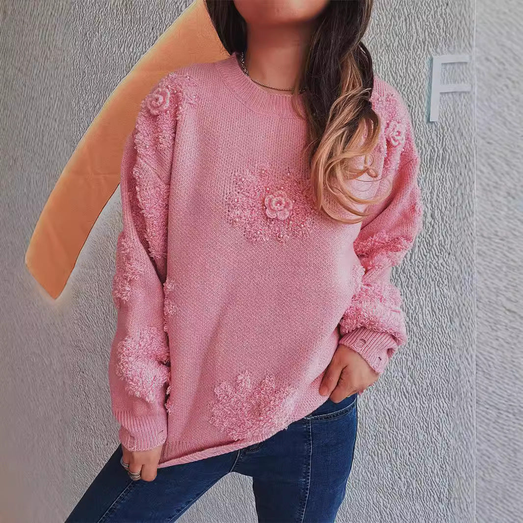 Towel Embroidery Jacquard Floral Heavy Industry Manual Pearl Solid Color round Neck Knitted Pullover Sweater