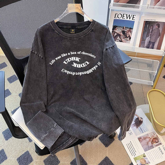 Letter Graphic Printing Washed Worn Long T Shirt Women Vintage Cotton All Match Round Neck Sweater Oversize