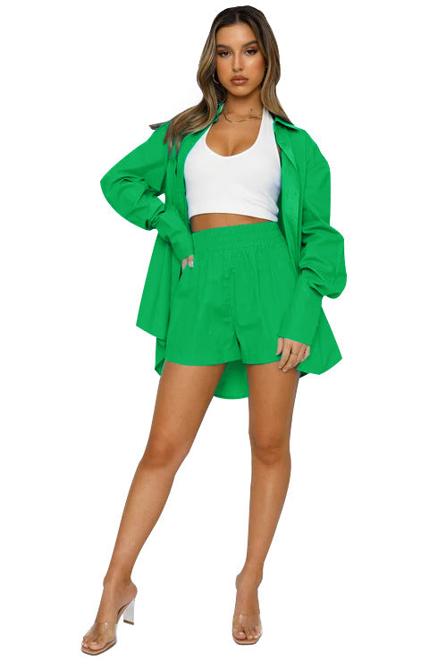 Women Clothing Summer Solid Color Casual Loose Collared Long Sleeves Shirt High Waist Shorts Two-Piece Set