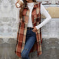 Autumn Winter Sleeveless Collared Cardigan Coat Retro Mid Length Plaid Vest