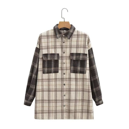 Winter Women Urban Casual Long Sleeve Color Matching Plaid Coat