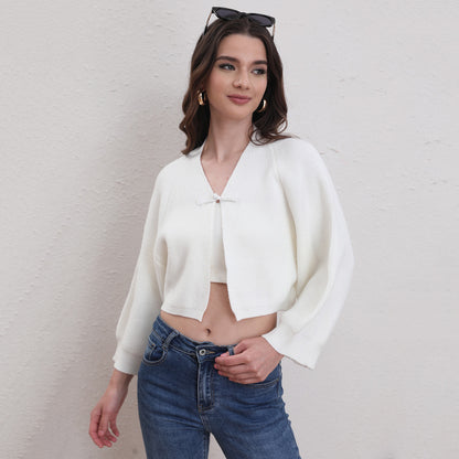 Women Clothing Women V neck Batwing Sleeve Button Knitted Cardigan Autumn Winter Casual Short Sweater