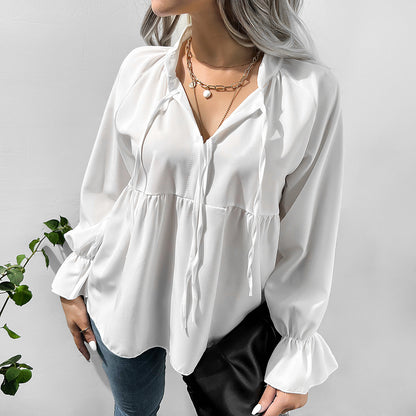 Autumn Winter White Shirt Bell Sleeve Bow Casual Top