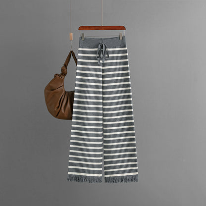 Autumn Winter Striped Wide Leg Pants High Waist Drooping Loose Knitted Mop Straight Wool Casual Pants