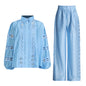 Casual Office Autumn Horizontal Embroidered Sleeve Top Straight Leg Trousers Women Two Piece Set