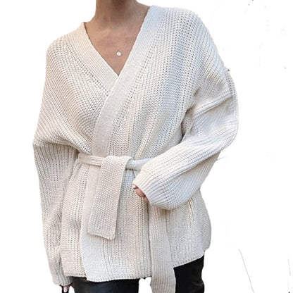 Autumn Winter Women Thick Stick Knitted Cardigan Long Sleeve Lace Bathrobe Solid Color Loose Sweater