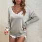 Solid Color Hollow Out Cutout Sweater Women Autumn Winter V-neck Pullover Sweater Top