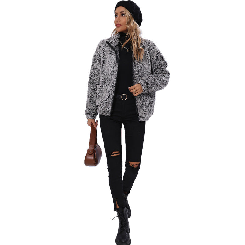 Fall Women Collared Long Sleeve Zipper Double Sided Bubble Velvet Loose Casual Jacket