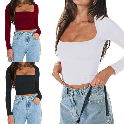 Square Collar Cropped Casual Simple T shirt Sexy Slim Long Sleeve Bottoming Top for Women