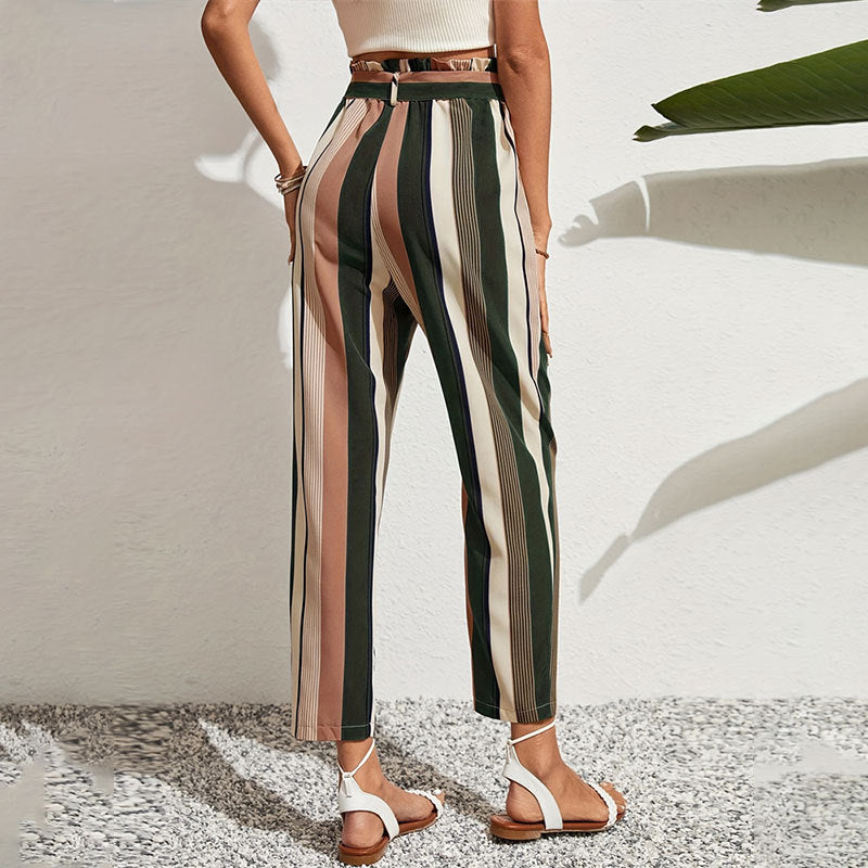 Women Clothing Pants Striped Printed Paper Bag With Belt Waist Ankle Length Pants Office Casual Women Pants