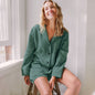 Summer  Cotton Gauze Comfortable Green  Women  Pajamas Long Sleeve Shorts Set Home Wear