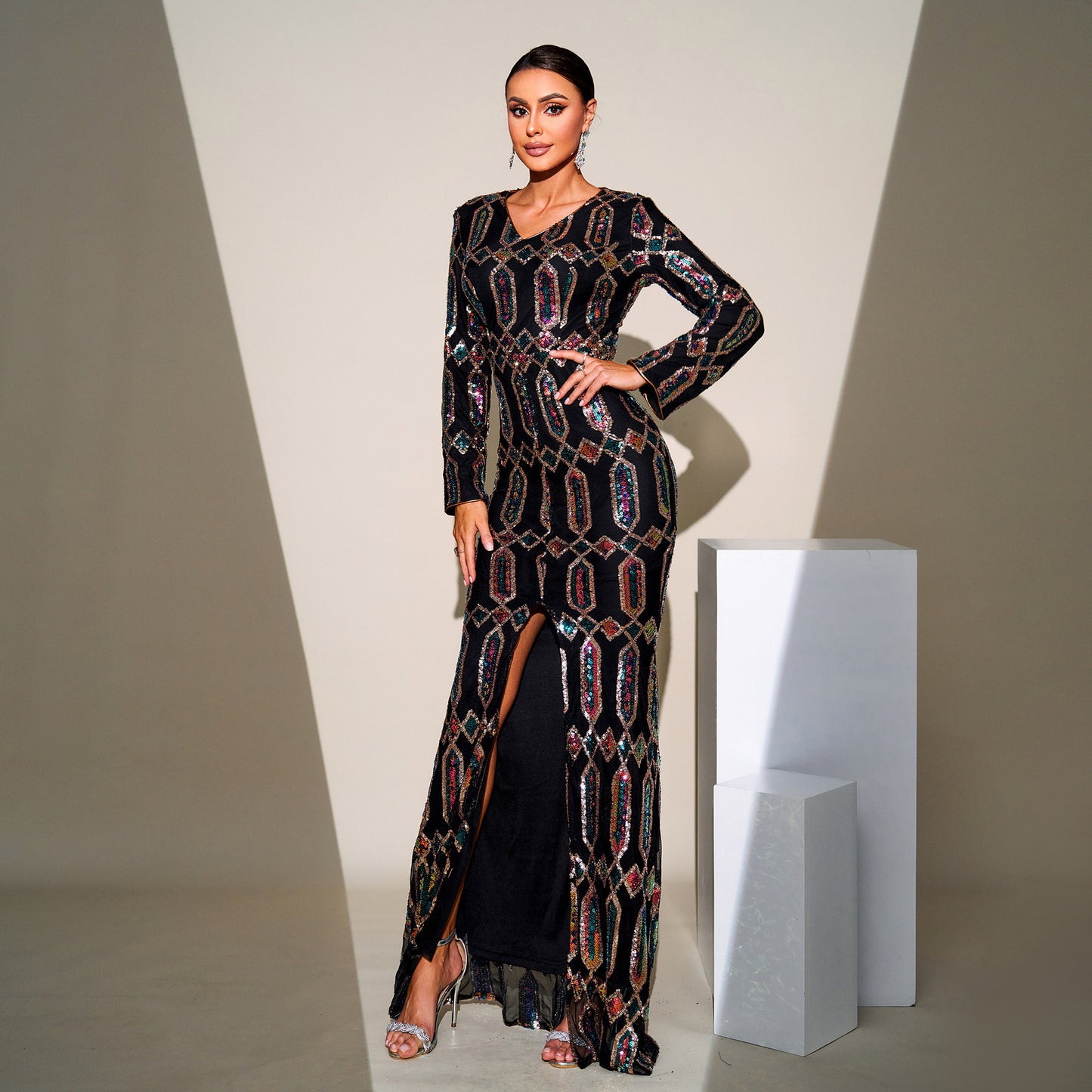 High End Sexy Long Sequined Long Sleeve V Neck Cocktail Evening Dress Bridesmaid Dress Dress Women