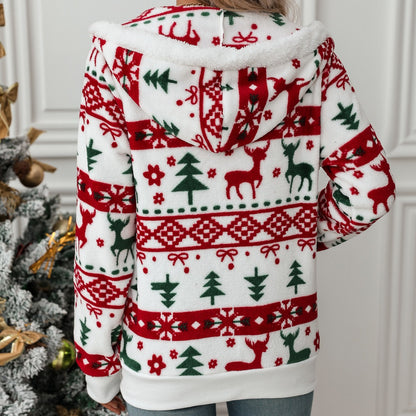 Autumn Winter Women Clothing Long Sleeved Cardigan Christmas Printed Plush Coat