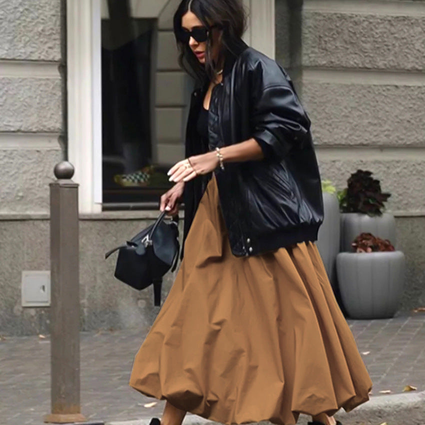 Khaki Balloon Skirt Russian Chic Spring Midi Dress