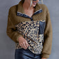 Fluffy Leopard Color Matching Casual Sweater Lamb Fur Faux Leather Patchwork Top Coat Women