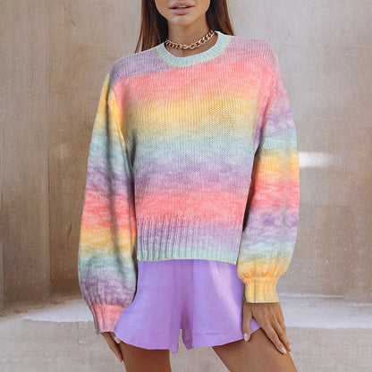 French Short Chic Idle Younger Knitwear Autumn Winter Gradient Rainbow Top Sweater