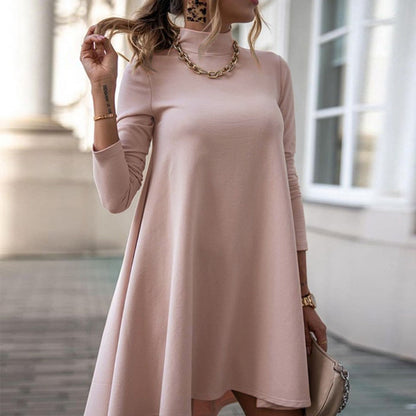 Fall Winter Casual Women Solid Color Long Sleeve High Collar Loose Autumn Dress