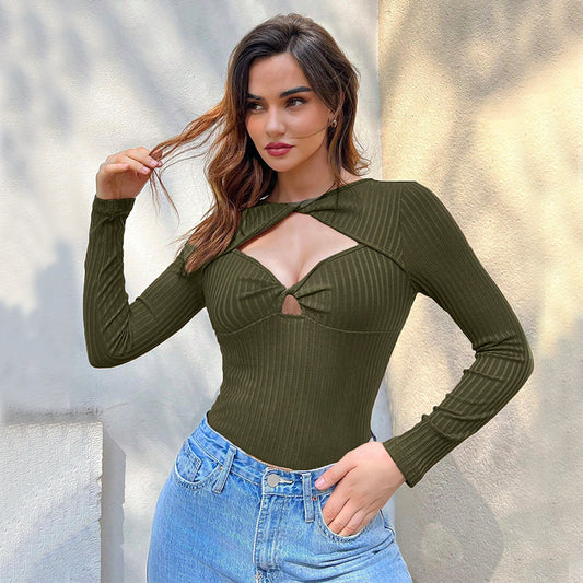 Women Clothing Autumn Winter Design Hollow Out Cutout Long Sleeved Sweater with Niche Slim Fit Crop Top