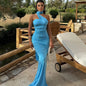 Women Clothing Solid Color Halter Dress Sexy Backless Ribbon Split Maxi Dress