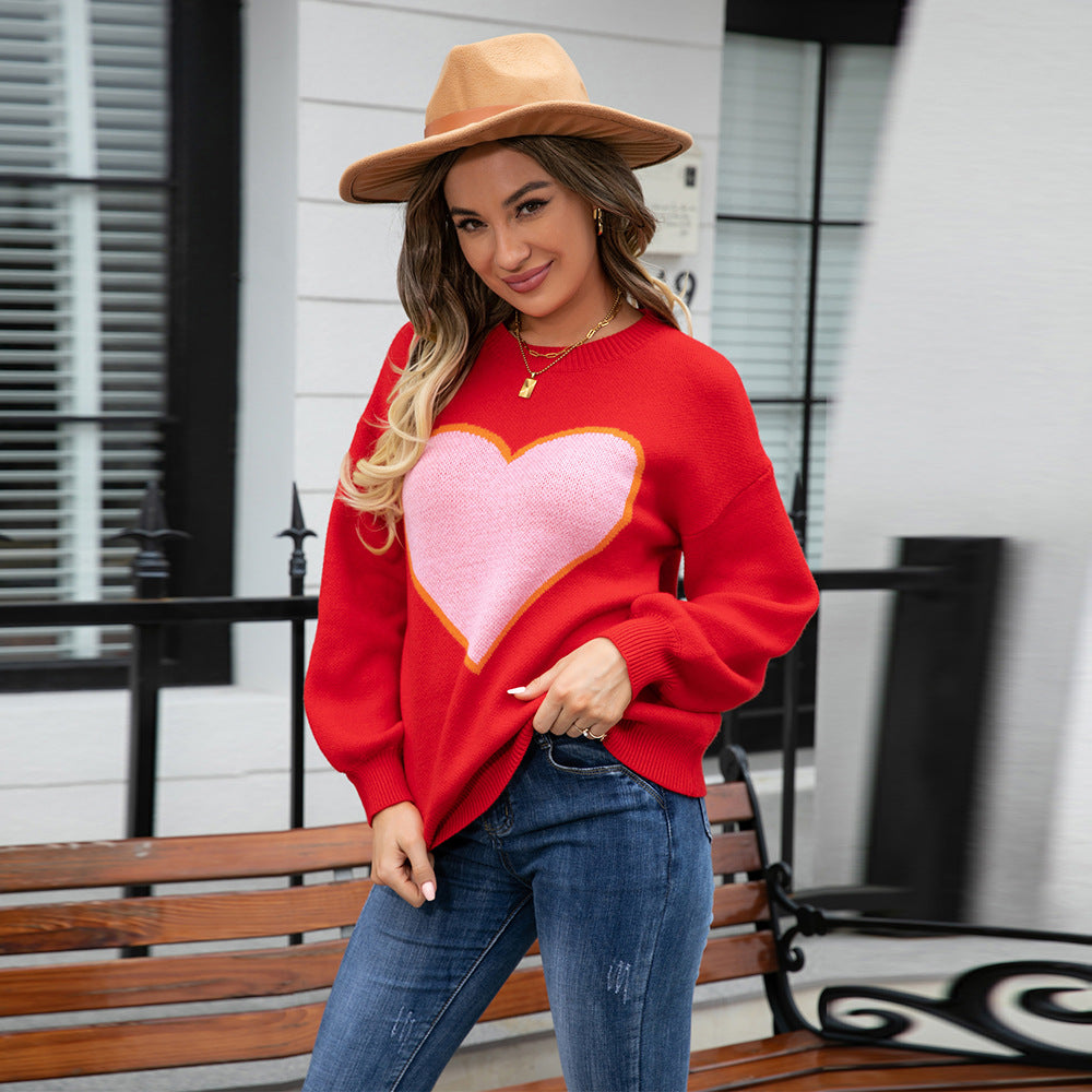 Winter Clothes Big Love Valentine Day Round Neck Sweater Pullover Peach Heart Sweater