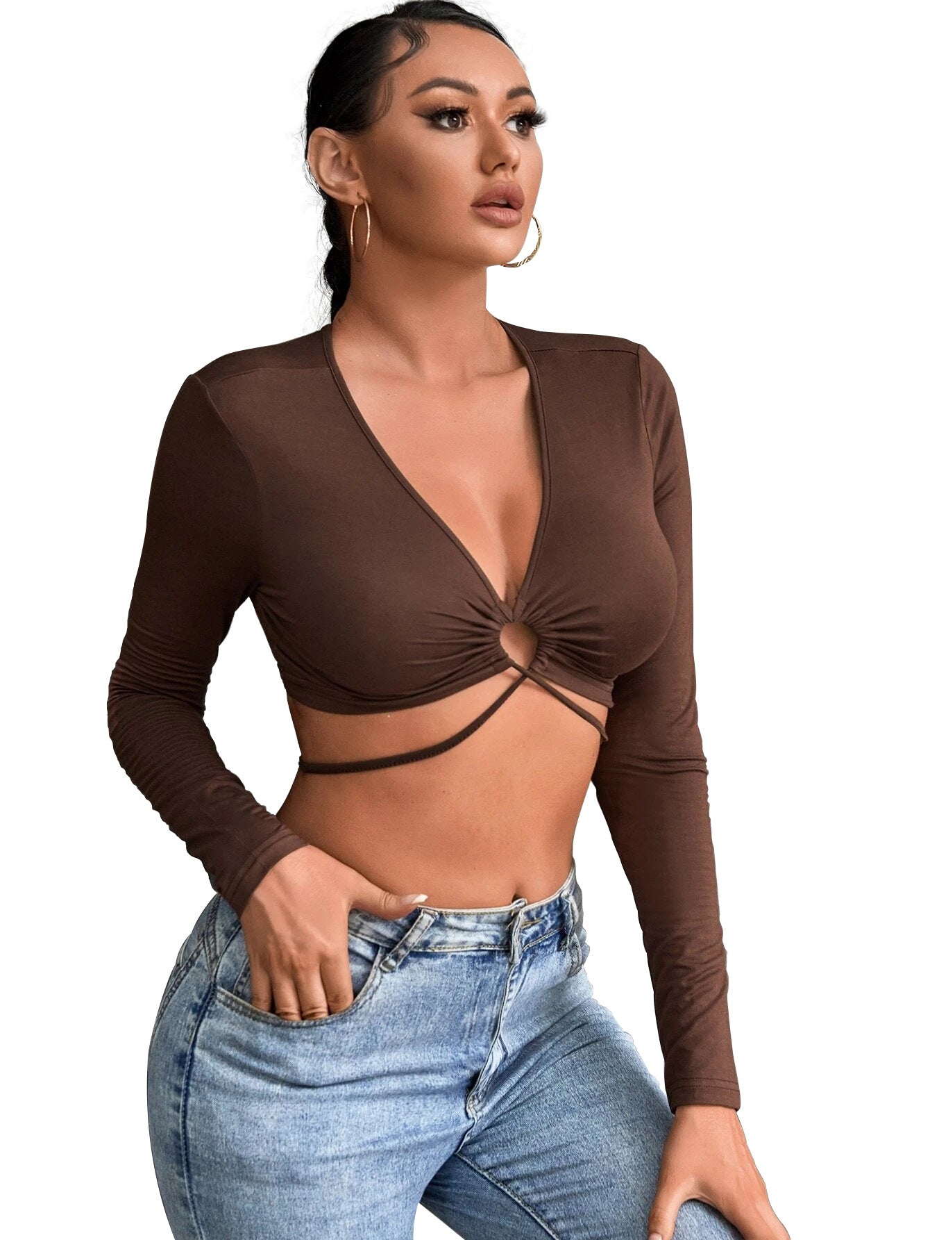 Sexy Hollow Out Cutout Slim T-shirt cropped All-Match V-neck Top for Women