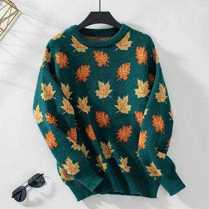 Autumn Winter Sweater Women Maple Leaf Pattern Jacquard Casual Pullover Sweater Women Clothing