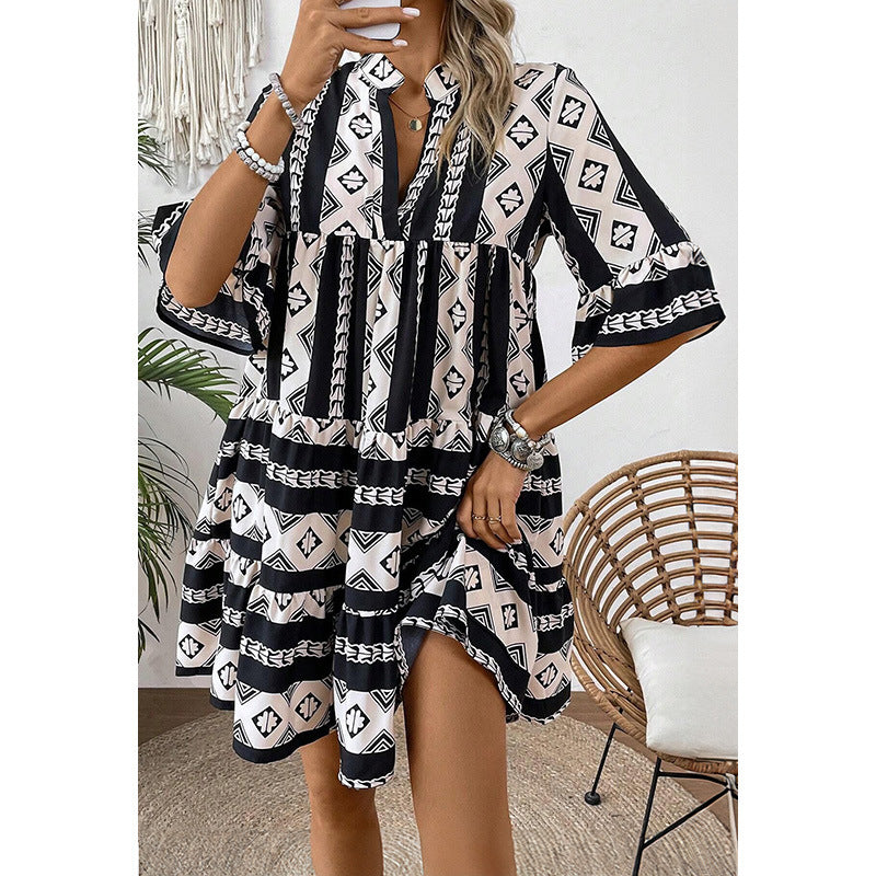 Summer Loose High Waist Layered Short Dress Women Contrast Stitching Short Sleeves Dress Women