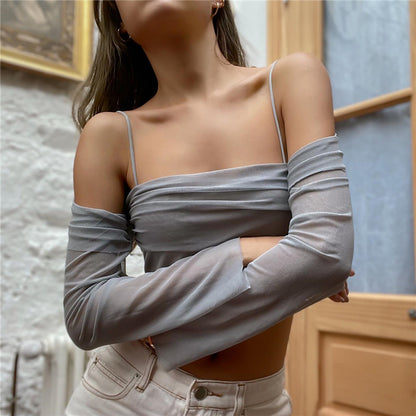 Women Spring Clothing Sexy Off Neck Strap Sheer Mesh Long Sleeve Top