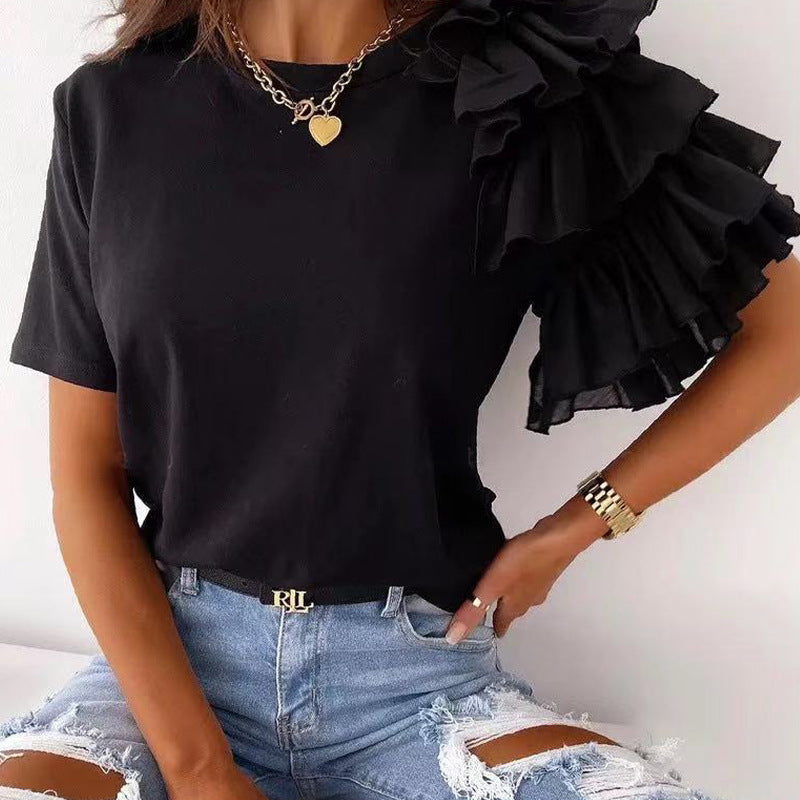 Korean Elegant Simple Ruffled Petal Short Sleeve Asymmetric round Neck T shirt for Women