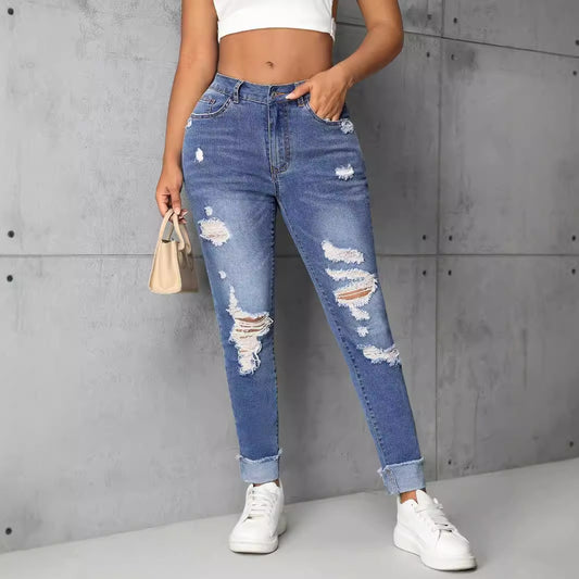 Women Clothing Trendy Thin Looking Ripped Straight Skinny Denim Trousers