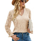 Autumn Winter Women Solid Color Hollow Out Lace Sexy Long-Sleeved Lace Top Women