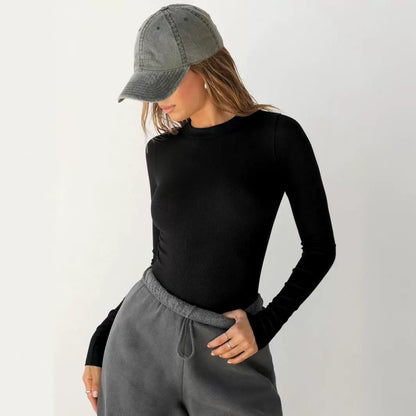 Clothes Thread Double Layer Round Neck Long Sleeved T shirt Women Outer Wear Slim Fit Shoulder Sexy Top Sexy