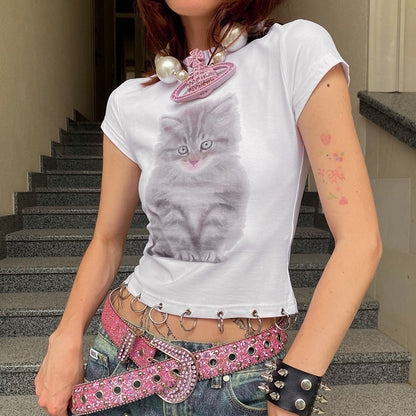 Summer Kitten round Neck Short Sleeve Ring T shirt Top Women Clothing