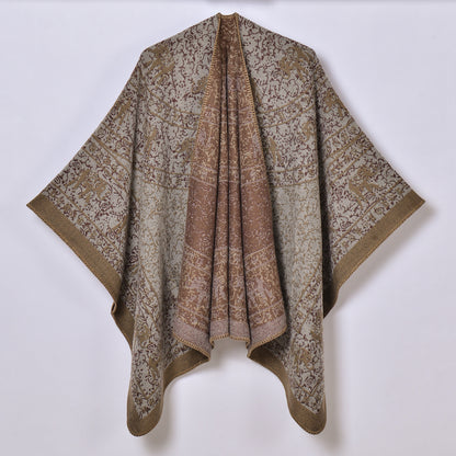 Retro Ethnic Thickened Warm Shawl Women Jacquard Split Cloak Knitted Outerwear