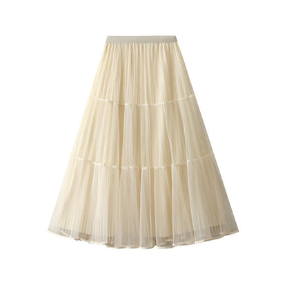 Women Two Sided Bright Yarn Mesh Skirt Autumn Winter Pleated Skirt High Waist Drape Gauze Skirt Long Skirt