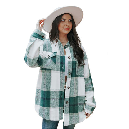 Brushed Plaid Shirt Women Fashionable Autumn Winter Spring Autumn Shacket Loose European Mid Length Top