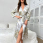 Ice Silk Pajamas Women Hotel Bathroom Lace Bathrobe Summer Breathable Thin Cherry Print Long Sleeve Nightgown