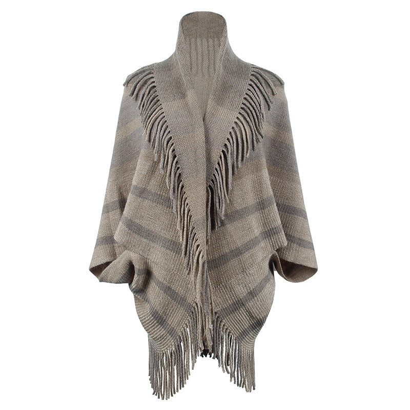 Tassel Inverness Women Autumn Winter Knitted Striped Cloak Women