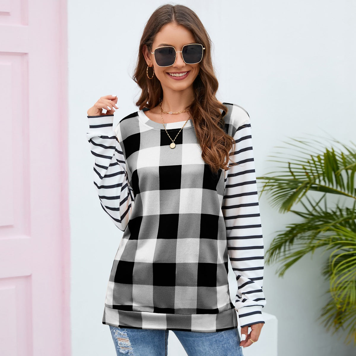 Plaid Long-Sleeved Sweater round Neck Striped Sweater Plush