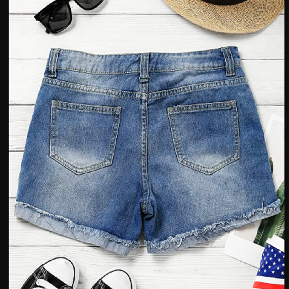 Flag Printed Patch Denim Shorts