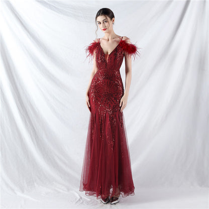 Color Craft Order Ostrich Feather Mesh Sequin Sexy Sling Dress Evening Dress