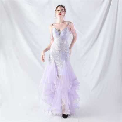 Craft Beads Hard Net Positioning Floral Sequin Stitching Mesh Dance Celebration Performance Dress