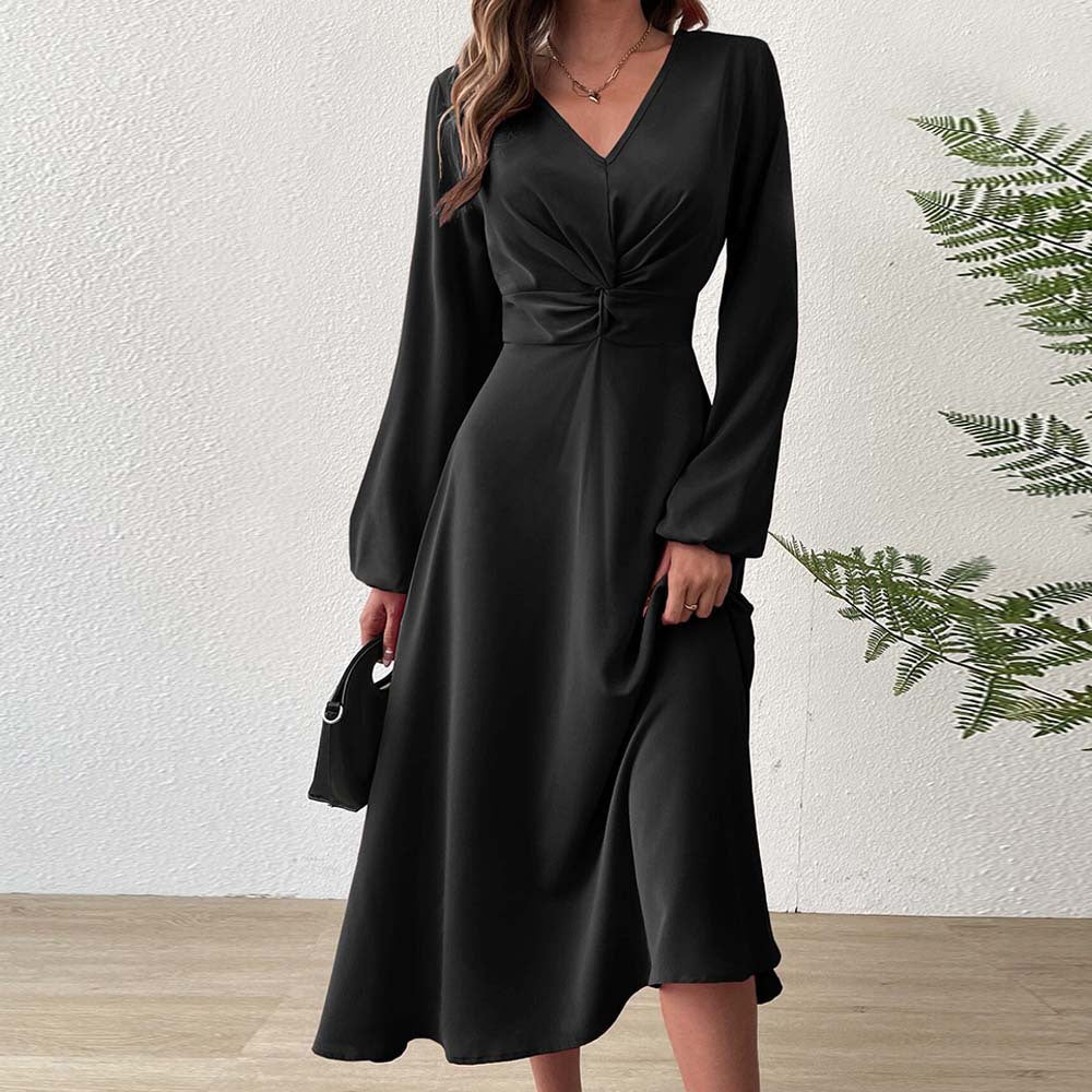 French Adult Lady like Woman V neck Dress Autumn Winter Elegant Elegant A line High Waist Midi Dress