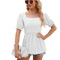 Spring Summer Solid Color Square Collar Nipped Waist Short Sleeved T shirt Top