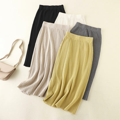 Autumn Winter Casual Knitted Slit Skirt High Waist Stretch Solid Color Inner Wear Slimming Sheath Skirt for Women