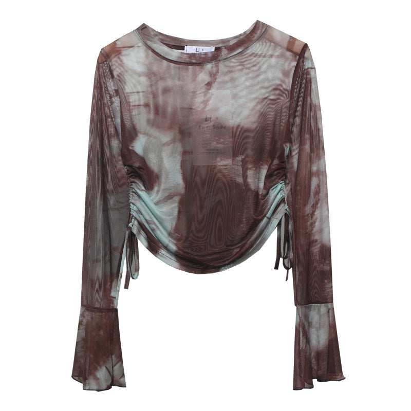 Real Shot Sun Protection Non Stuffy Tie Dyed Mesh Long Sleeve T shirt Drawstring Lace Short Blouse Bell Sleeve Top