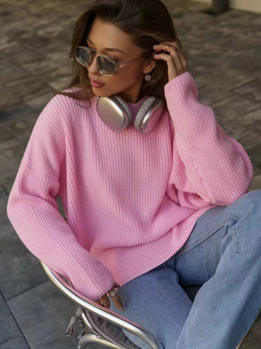 Solid Color round Neck Sweater Spring Autumn Loose Sweater Pullover Sweater for Women