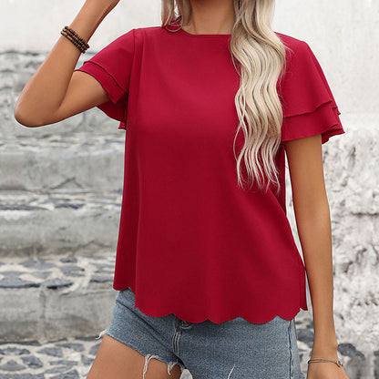 Women Clothing Double Layer Ruffle Sleeve Solid Color Top for Women Summer